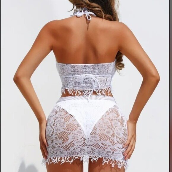 White Two-Piece Tassel Fishnet Crop Top & Skirt Cover Up - Picture 6 of 7
